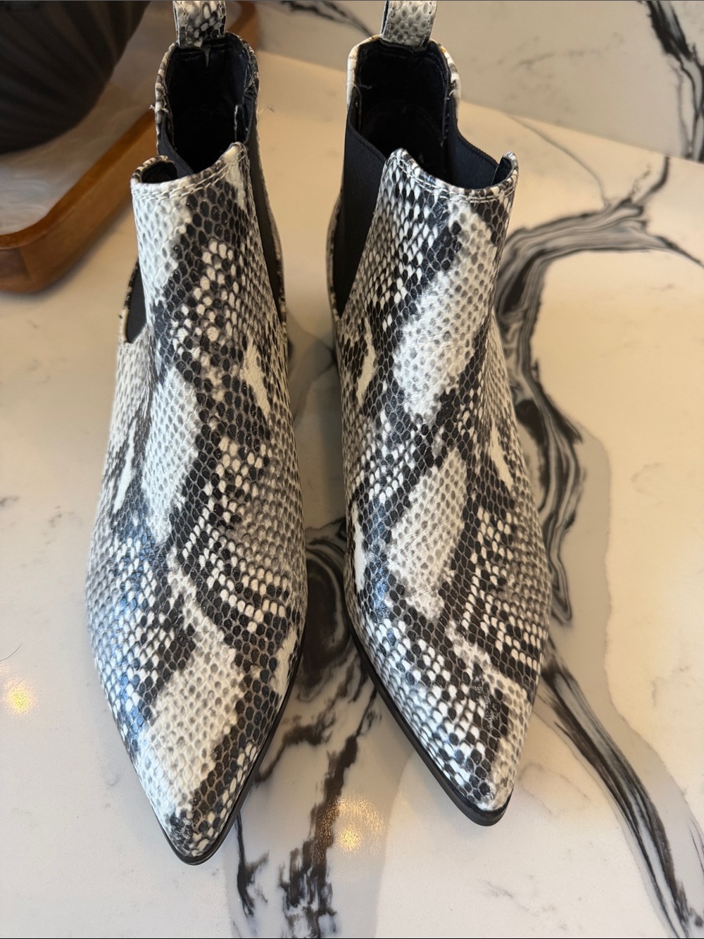 Blondo Black & White Snake-Print Pointed Chelsea Booties